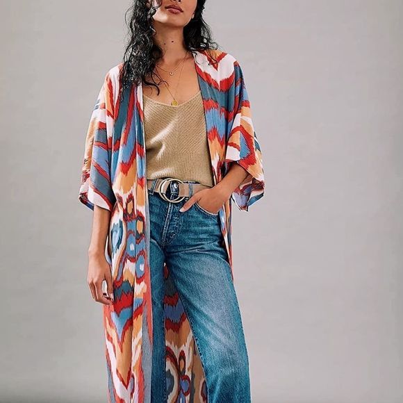Multicolor Open Longline Three Quarter Sleeve Kimono Duster - Picture 7 of 15